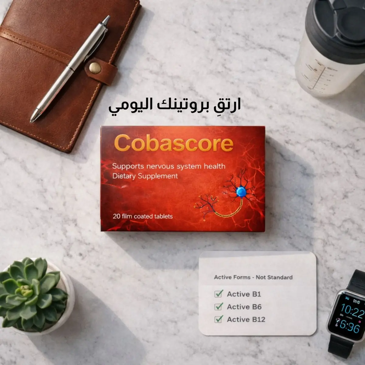 Cobascore daily nerve support — lifestyle flatlay with active B1, B6, B12