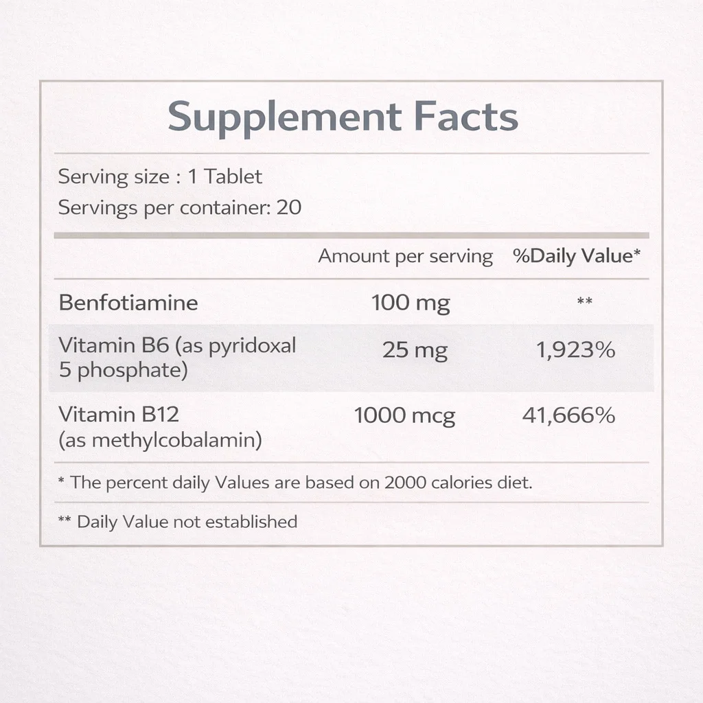 Cobascore supplement facts — Benfotiamine 100mg, P5P 25mg, Methylcobalamin 1000mcg
