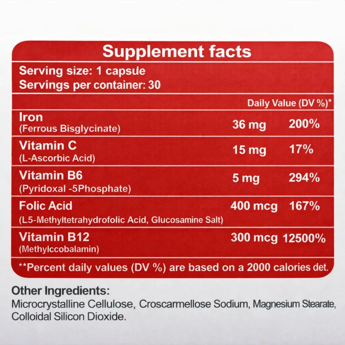 Hemascore supplement facts — iron 36mg, vitamin C, B6, folate and B12 per capsule