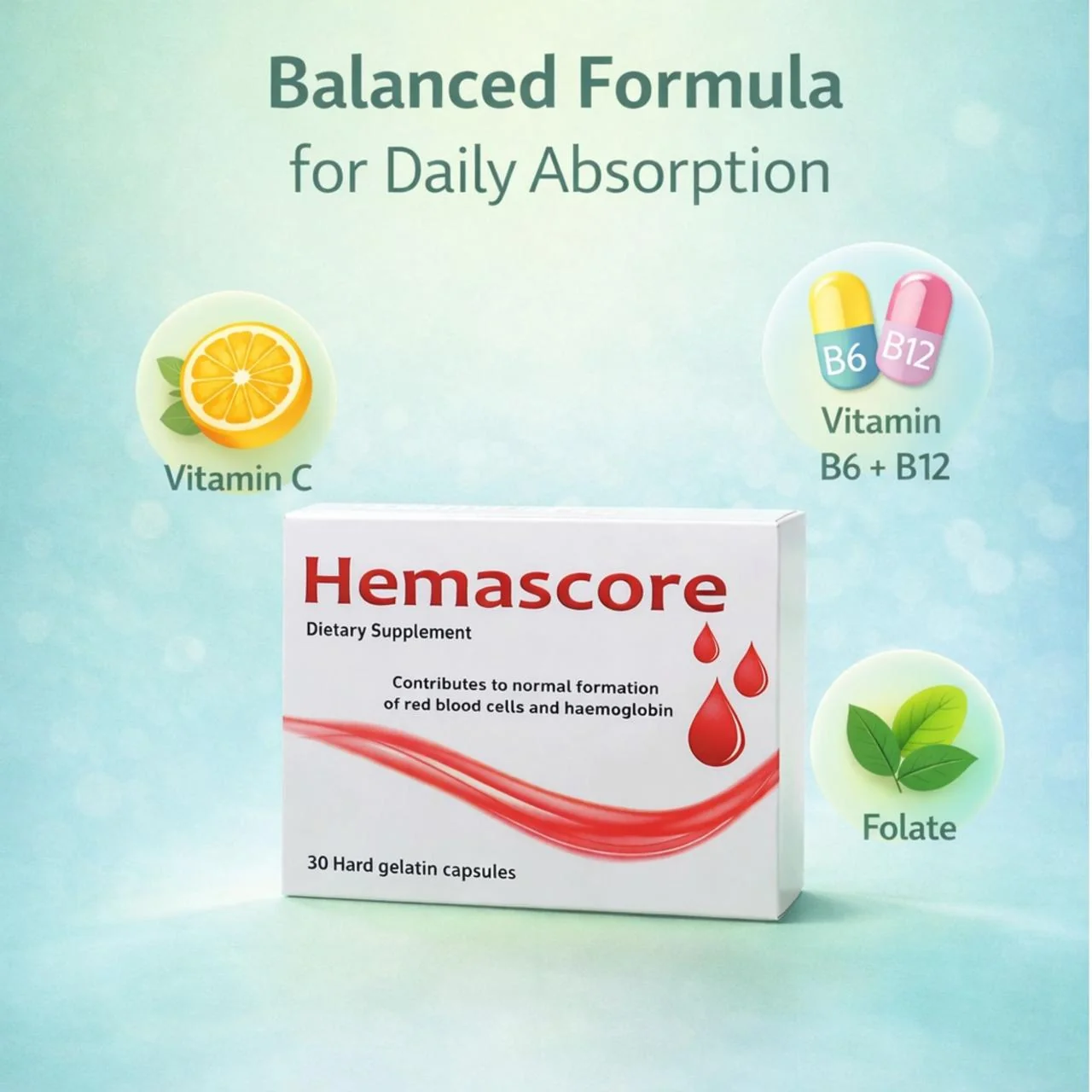 Hemascore balanced formula for daily absorption — vitamin C, B6, B12 and folate