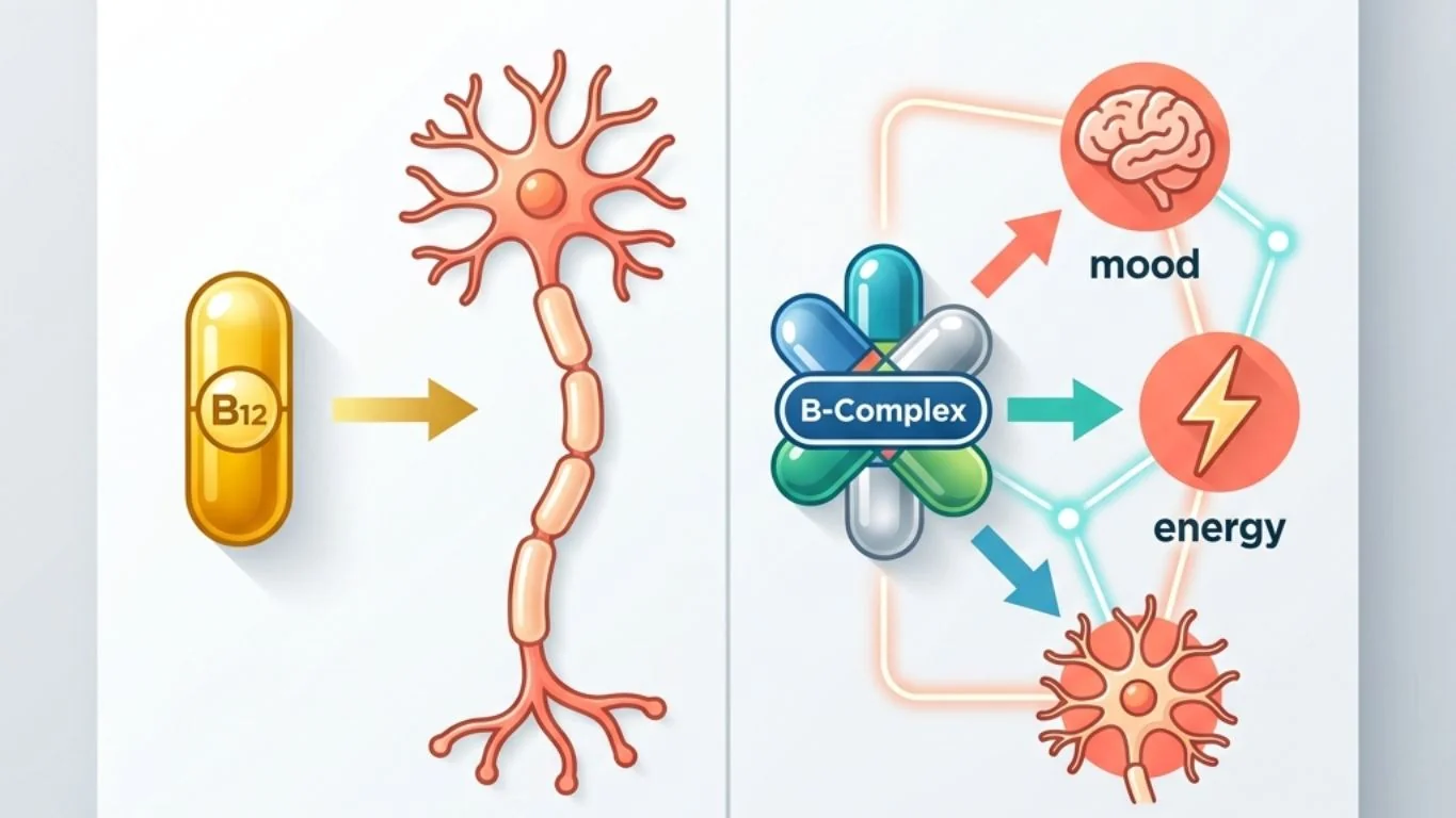 B12 capsule supporting nerve cell and B-Complex vitamins for mood, energy, and nerve health